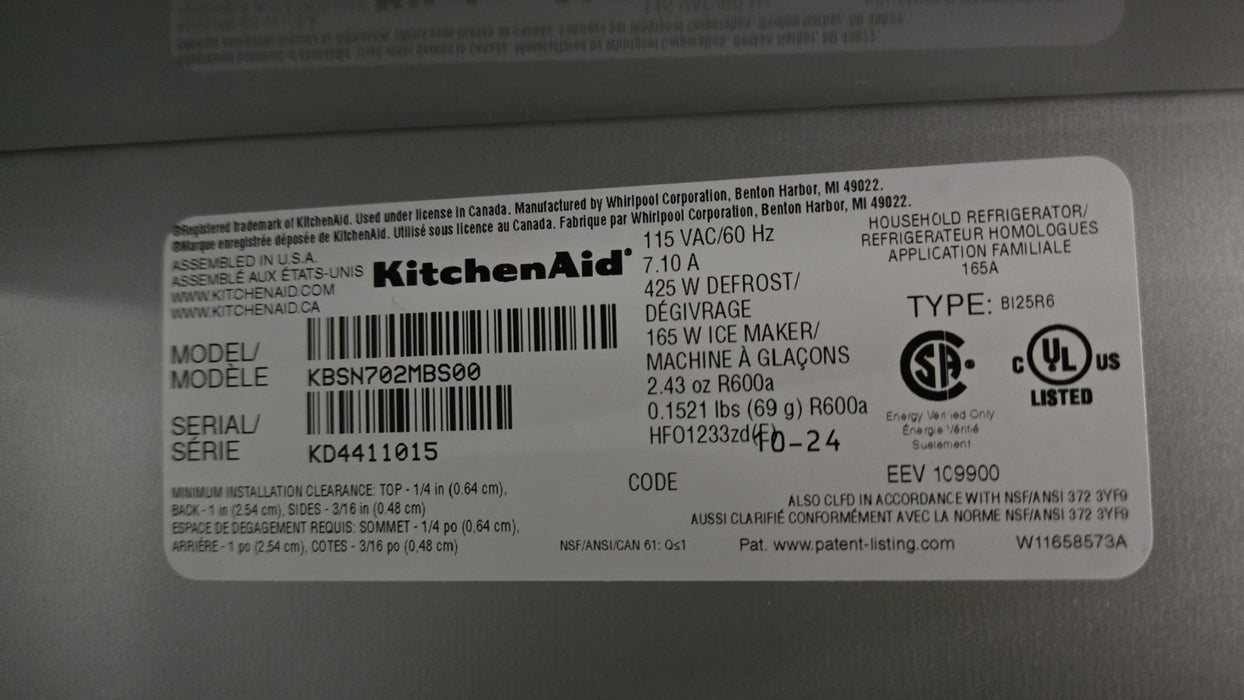 KitchenAid KBSN702MBS 42 Inch Wide 25.5 Cu. Ft. Side By Side Refrigerator*NEW*