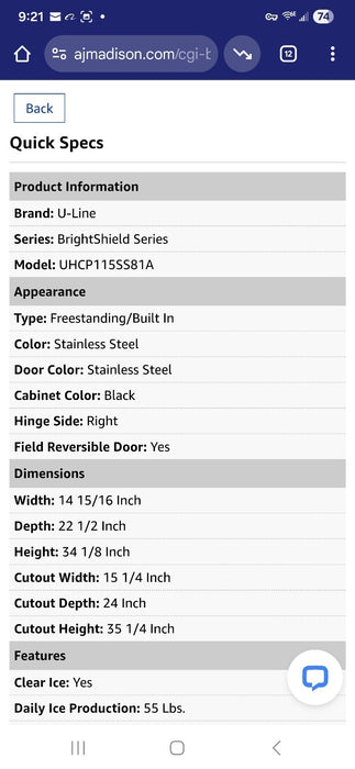 U-Line UHCP115-SS81A 15" 25-Lb Freestanding Icemaker Clear Ice - Stainless Steel
