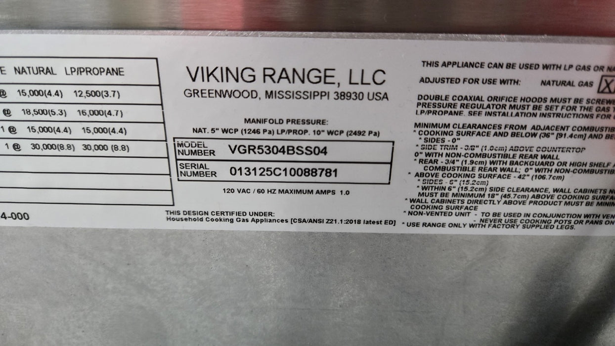 Viking VGR5304BSS 30" 4 Burners ProFlow SS Professional 5 Series Gas Range New! 