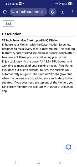 Dacor DTG36M955FM 36" Smart Gas Cooktop with 5 Sealed Burners 4-YR WARRANTY!!