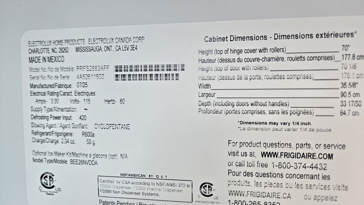 Frigidaire Professional PRFS2883AF 28 Cu. Ft. French Door Refrigerator Stainless