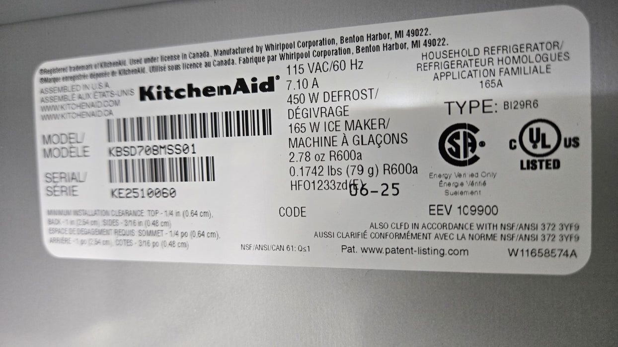 KitchenAid KBSD708MSS 48" Stainless Built-In Side/Side Refrigerator